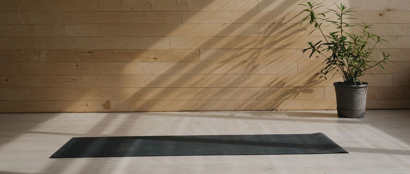 Warm wooden wall, plant and yoga mat in soft light